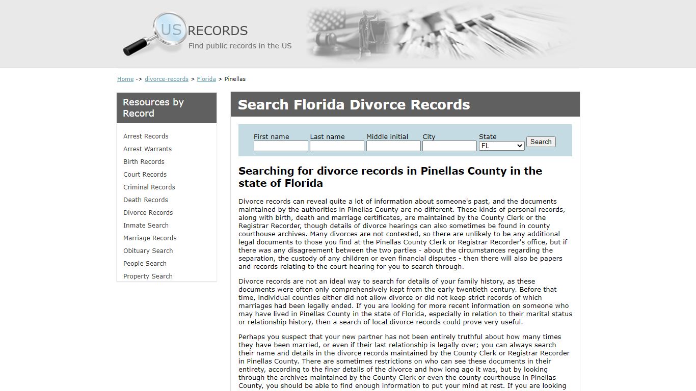 Search Divorce Records Pinellas Florida | US Records